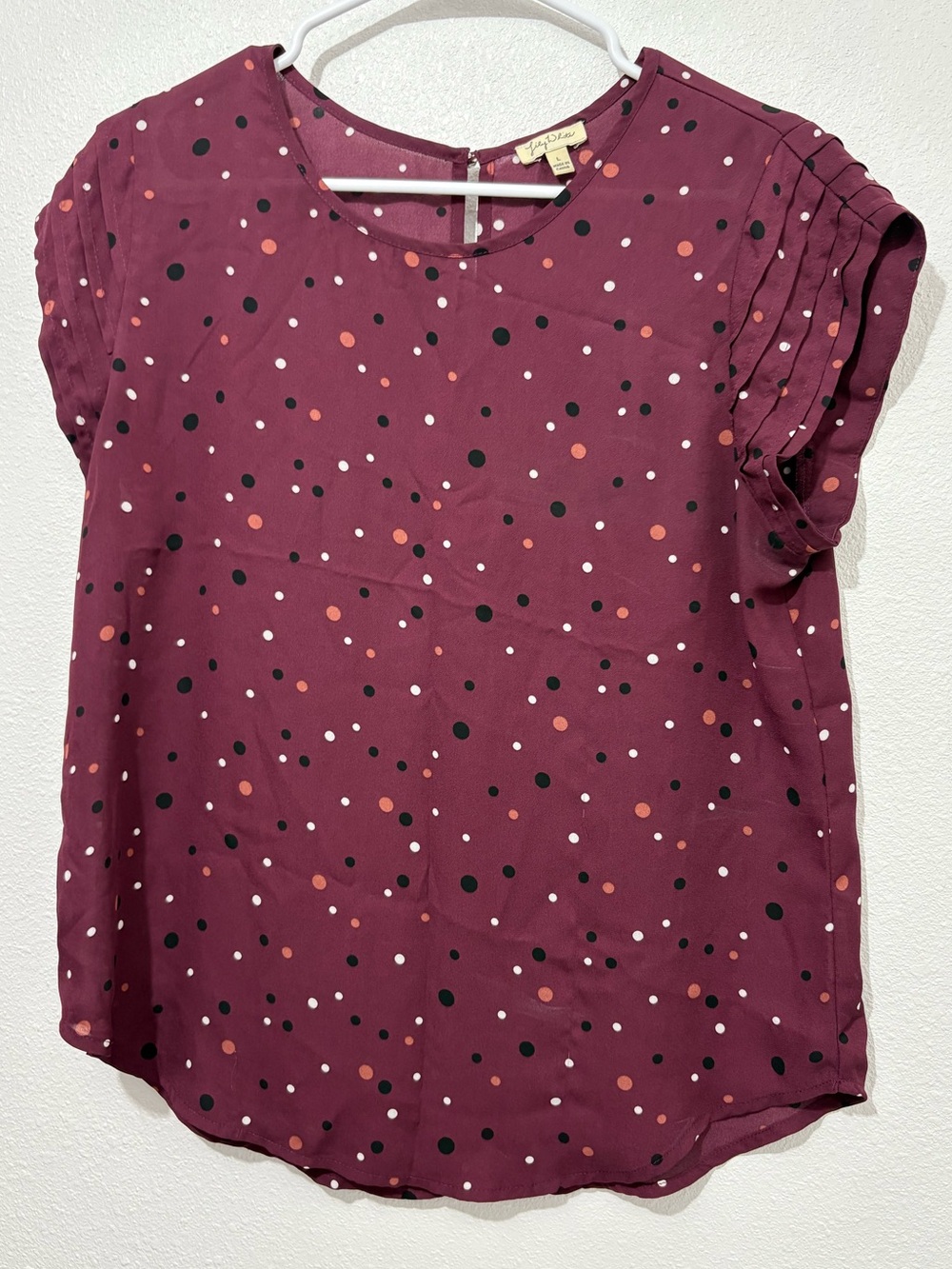 Womens Lily White Blouse Purple Top Polka Dots Cap Sleeve Blouse Size L